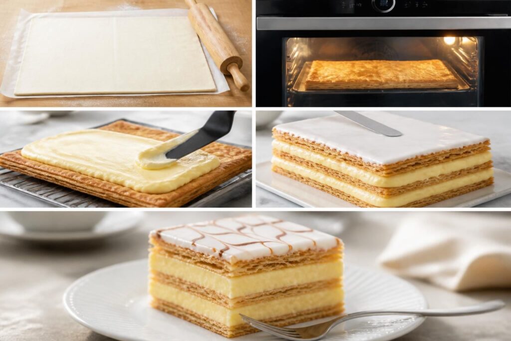 découvrez notre recette facile de mille-feuille avec pâte feuilletée prête à l'emploi, expliquée étape par étape pour un dessert gourmand et rapide à réaliser.