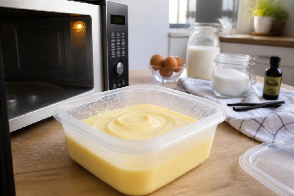 découvrez une recette simple et rapide de crème pâtissière réalisée au micro-ondes dans votre tupperware, parfaite pour vos desserts gourmands en un rien de temps.