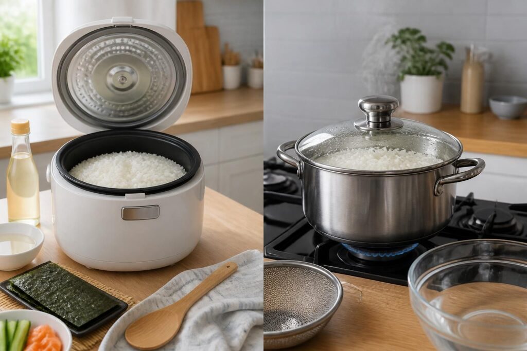 apprenez à cuire parfaitement du riz pour sushi grâce à nos méthodes simples au rice cooker et à la casserole, pour des sushis réussis à chaque fois.