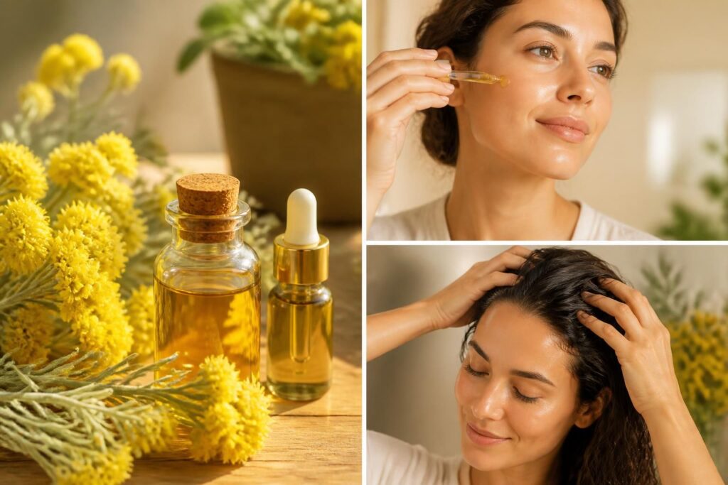 découvrez les bienfaits de l'hélichryse pour la peau, le visage et les cheveux, ses propriétés apaisantes, régénérantes et réparatrices pour une beauté naturelle éclatante.