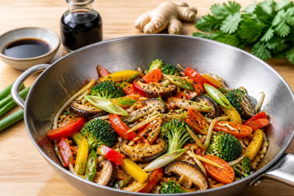 découvrez une recette savoureuse de légumes sautés au wok ou à la poêle, agrémentée de sauce soja et d'épices asiatiques pour un plat sain et parfumé.