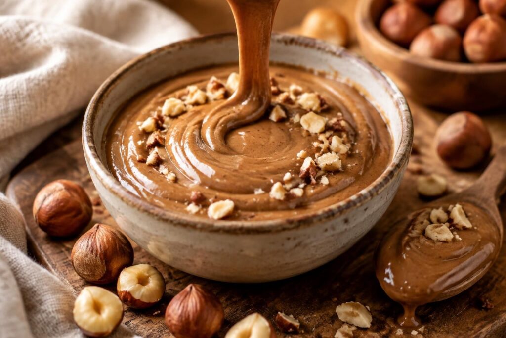 découvrez une crème noisette maison, douce et onctueuse, idéale pour sublimer vos desserts gourmands, garnir vos pâtisseries ou napper vos crêpes.