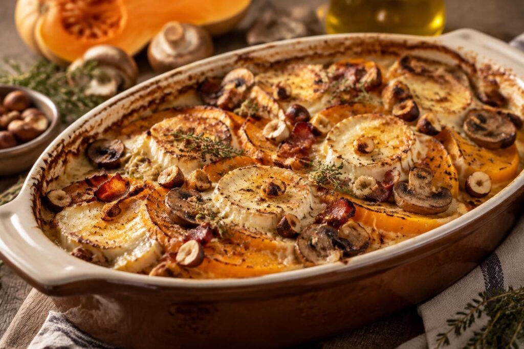 découvrez de savoureuses recettes de gratin de butternut au chèvre, sublimées par des lardons, des noisettes croquantes et des champignons.