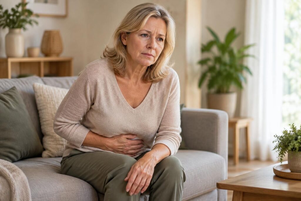 lourdeur et douleurs dans le bas-ventre à la ménopause : découvrez les causes possibles, les symptômes associés et quand consulter.