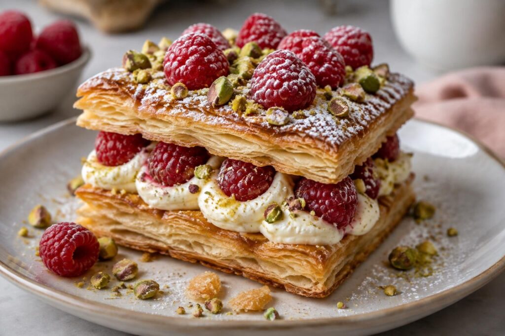 découvrez une recette gourmande de mille-feuilles aux framboises, mascarpone onctueux et pistaches croquantes, parfaite pour un dessert frais et raffiné.