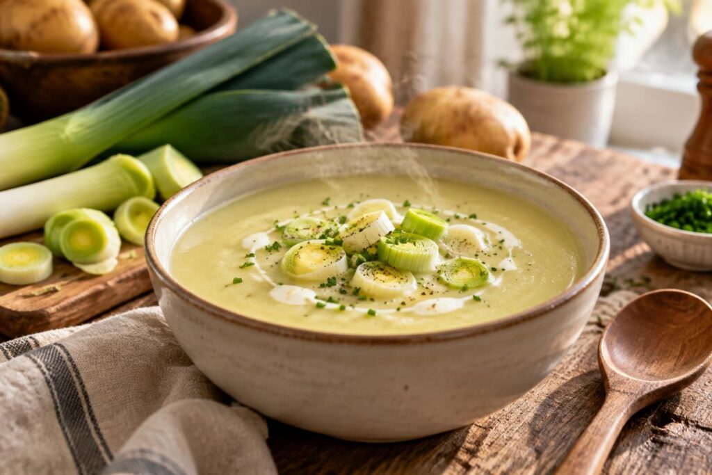 découvrez une recette originale et facile de potage parmentier, une soupe crémeuse aux pommes de terre et aux poireaux à préparer chez soi.