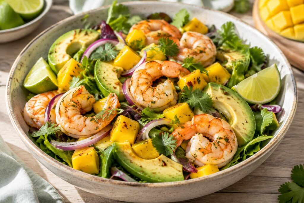 découvrez une salade avocat, mangue et crevettes facile à préparer, fraîche et colorée : la recette idéale pour un déjeuner léger en été.
